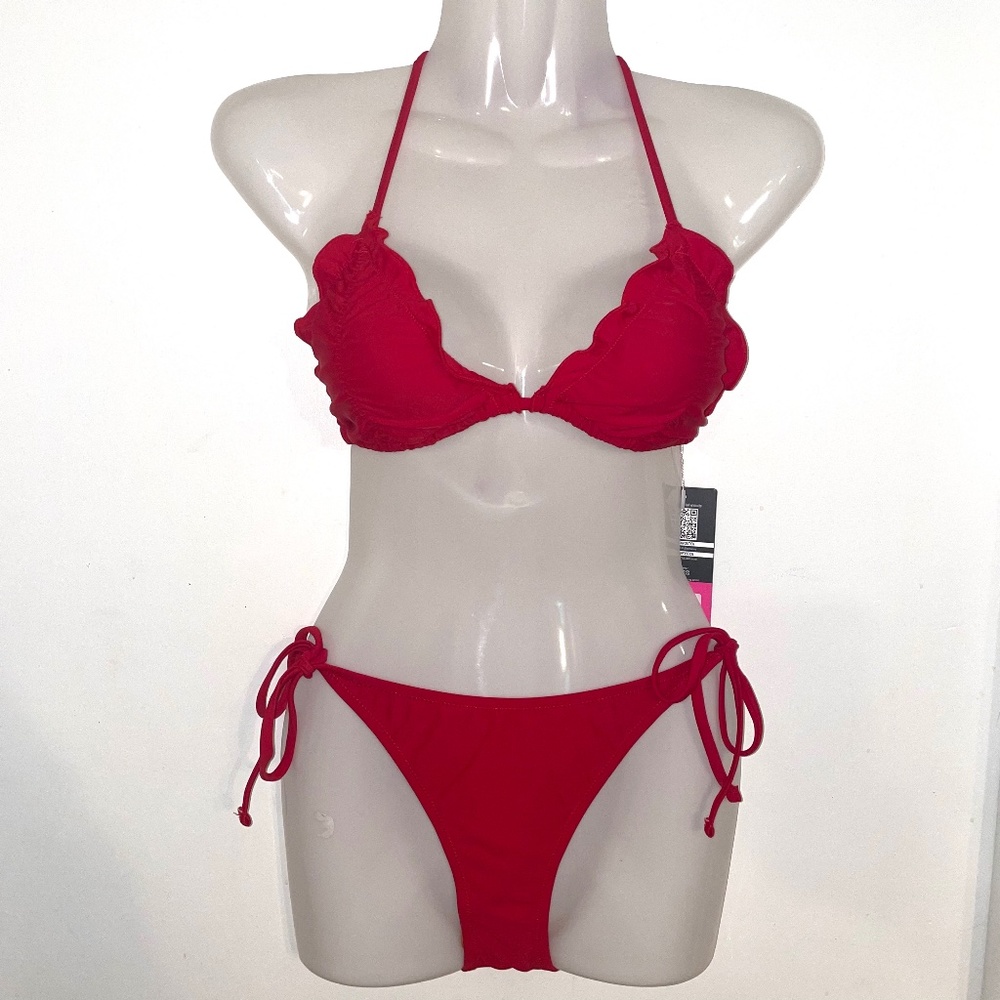 Women's Halter Triangle Bikini Ruched 2 Piece Swimsuit Tie Side Size Small